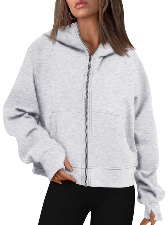 Womens Sweatshirts Zip-Up Fleece Cropped Hoodie Jacket with Pockets Fall Casual Long Sleeve Sports Sweatshirts XL