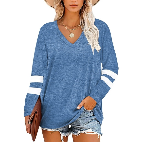 TEMOFON Womens Sweatshirts V Neck Color Block Fall Clothes Long Sleeve Shirts for Women T Shirts Tops Pullover Tunic Tops Blue Tops