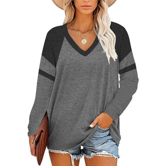 TEMOFON Womens Sweatshirts V Neck Color Block Fall Clothes Long Sleeve Shirts for Women T Shirts Tops Pullover Tunic Tops Lightgray Tops