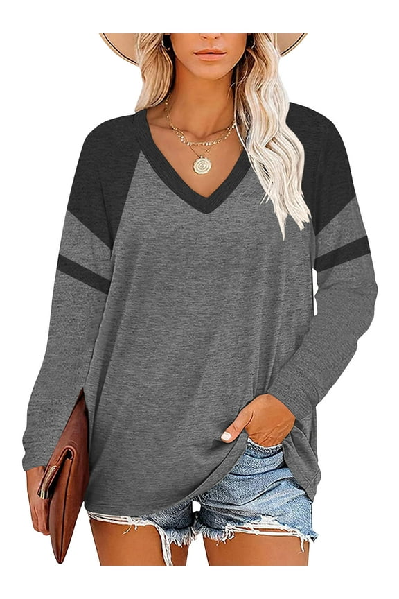 Womens Sweatshirts V Neck Color Block Fall Clothes Long Sleeve Shirts for Women T Shirts Tops Pullover Tunic Tops Lightgray Tops Plus Size 3XL