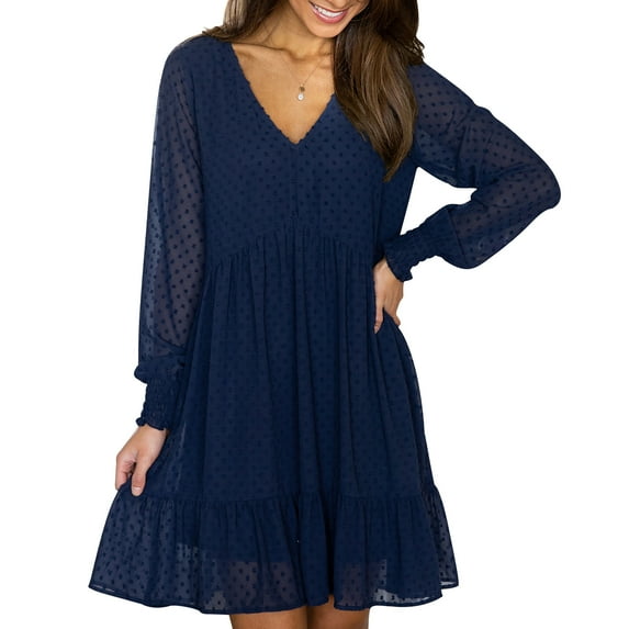 TEMOFON Womens Swiss Dot Dress Long Sleeves Short Mini Dress V Neck Flowy Casual Loose Fit Babydoll Dress Blue