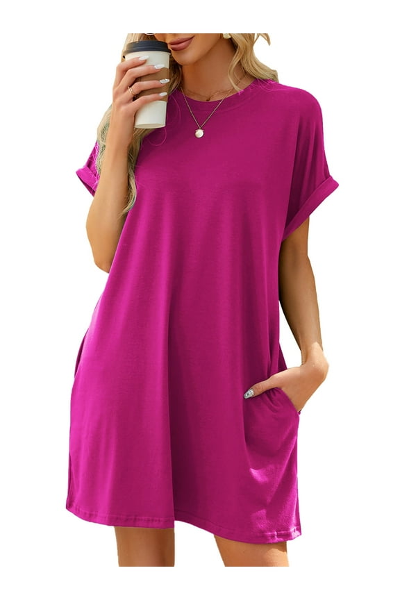Womens T Shirt Dresses Short Sleeve Loose Tunic Tops with Pocket Casual Swing Basic Dress Dressy Fashion Womens Clothes Vacation Holiday Summer Sundress Solid Color Pink Size S