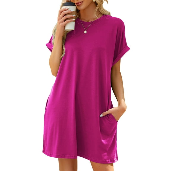TEMOFON Womens T Shirt Dresses Short Sleeve Loose Tunic Tops with Pocket Casual Swing Basic Dress Dressy Fashion Womens Clothes Vacation Holiday Summer Sundress Solid Color Pink Size XL