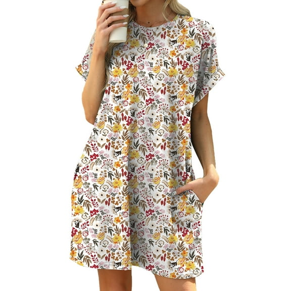 TEMOFON Womens T Shirt Dresses Summer Short Sleeve Loose Tunic with Pocket Casual Swing Boho Floral Print Dress for Womens Clothes Fashion Sundress Mini Dresses