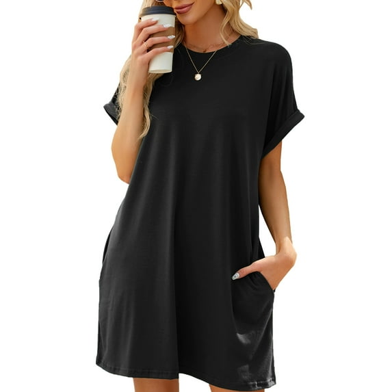TEMOFON Womens T Shirt Dresses Summer Short Sleeve Loose Tunic with Pocket Casual Swing Dress Fashion Sundress Solid color Black Size S