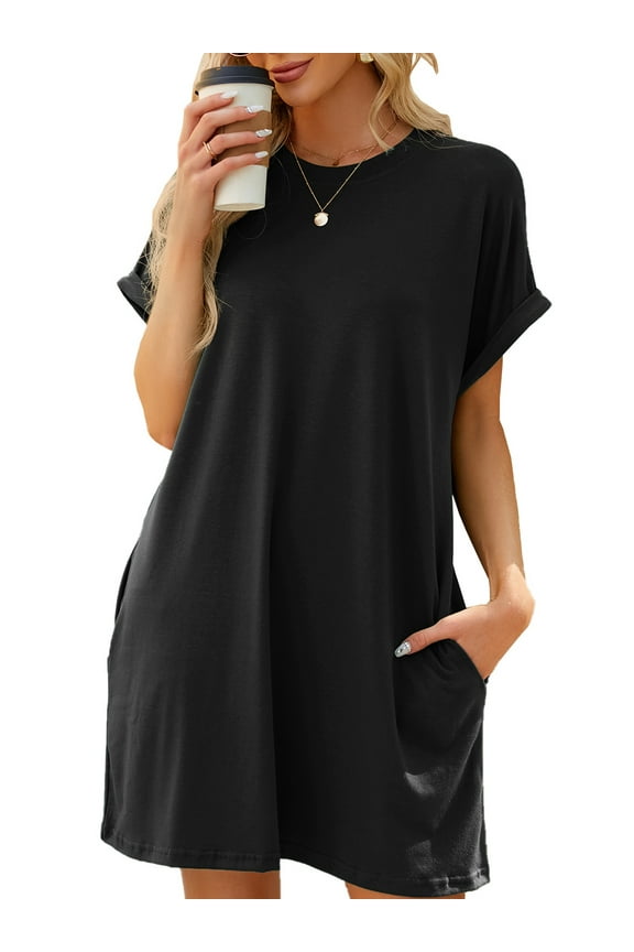 Womens T Shirt Dresses Summer Short Sleeve Loose Tunic with Pocket Casual Swing Dress Fashion Sundress Solid color Black Size XL