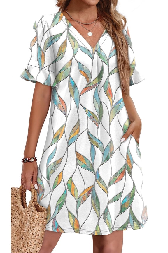 Womens T Shirt Dresses Summer Short Sleeve Sundress with Pocket Casual Swing Dress Fashion V Neck Midi Dresses