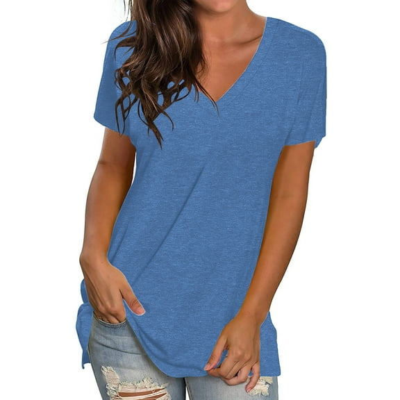TEMOFON Womens T Shirts Summer Short Sleeve Blouses Comfy Fashion V Neck Tops Trendy Loose Tshirts for Women