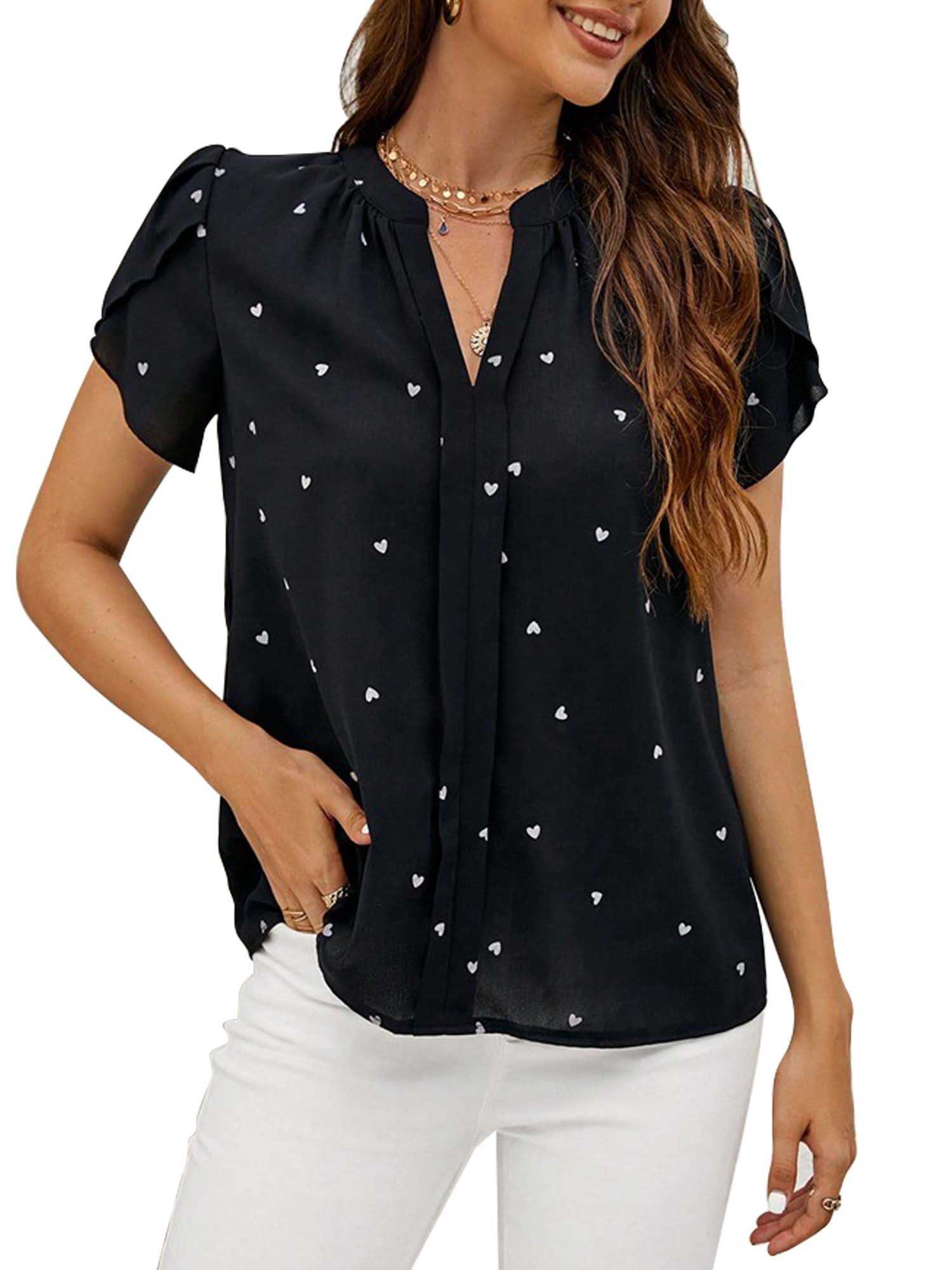 TEMOFON Womens T-Shirts Summer V Neck Love Petal Sleeve Shirt ...