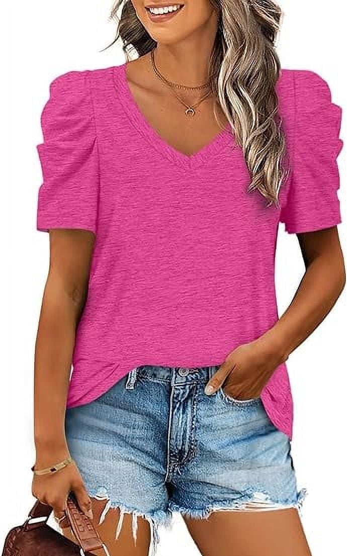 TEMOFON Womens T shirts V neck Puff Sleeve Tops Casual 2024 summer ...