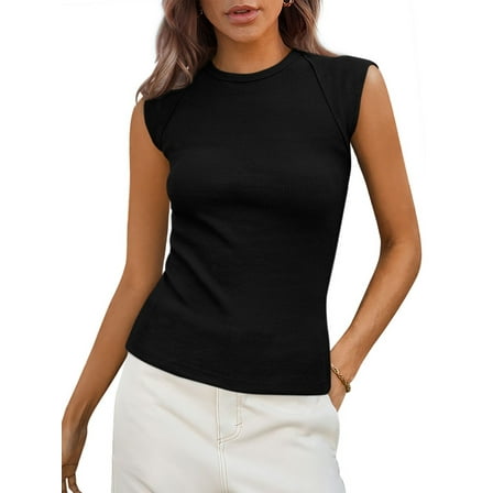 TEMOFON Womens Tank Top Summer Cap Sleeve Tank Tops for Women Black High Neck Ribbed Tank Tops Basic Fitted Shirts L