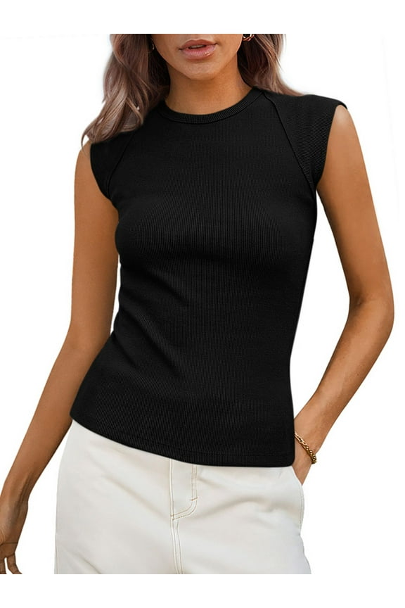 Womens Tank Top Summer Cap Sleeve Tank Tops for Women Black High Neck Ribbed Tank Tops Basic Fitted Shirts XL