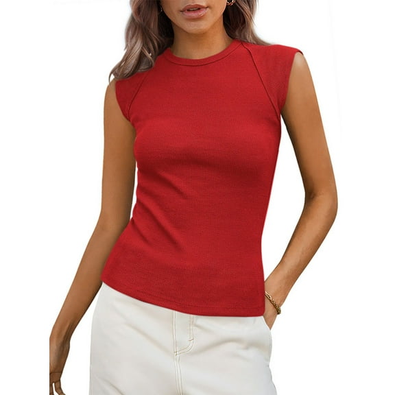TEMOFON Womens Tank Top Summer Crew Neck Tank Tops for Women Red Ribbed High Neck Cap Sleeve Tops Solid Color T Shirts L