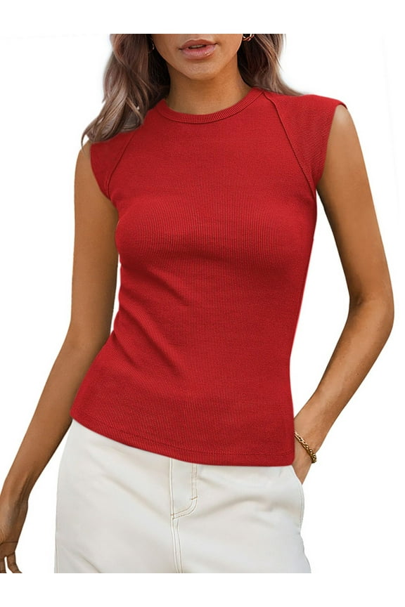 Womens Tank Top Summer Crew Neck Tank Tops for Women Red Ribbed High Neck Cap Sleeve Tops Solid Color T Shirts XXL