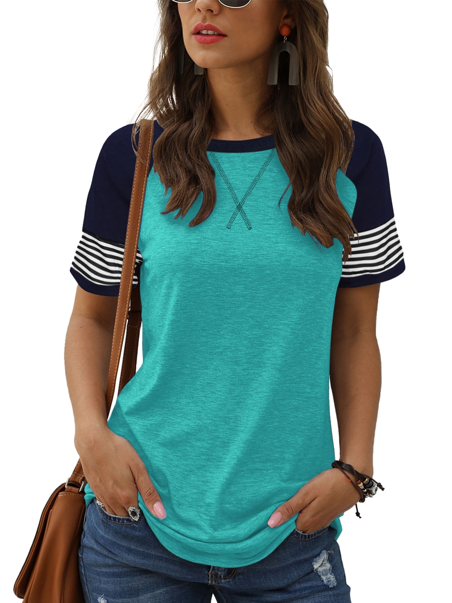 Womens Top Baseball Shirts Workout Tee shirts for Woman Color Block Blouse Lightblue Lightweight Basic Tshirts