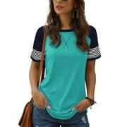 TEMOFON Womens Top Baseball Shirts Workout Tee shirts for Woman Color Block Blouse Lightblue Lightweight Basic Tshirts
