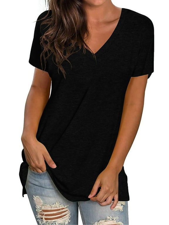 Shirts for Women Summer Short Sleeve Tunic Tops Casual V Neck Dressy T-Shirt Comfy Loose Blouses