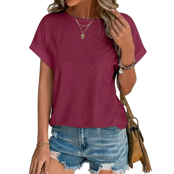 TEMOFON Womens Tops Dressy Blouses Crew Neck Short Sleeve Tunic Tops Casual Shirts for Womens Clothes Summer Trendy Eyelet Curved Hem Tunic Tops T Shirts