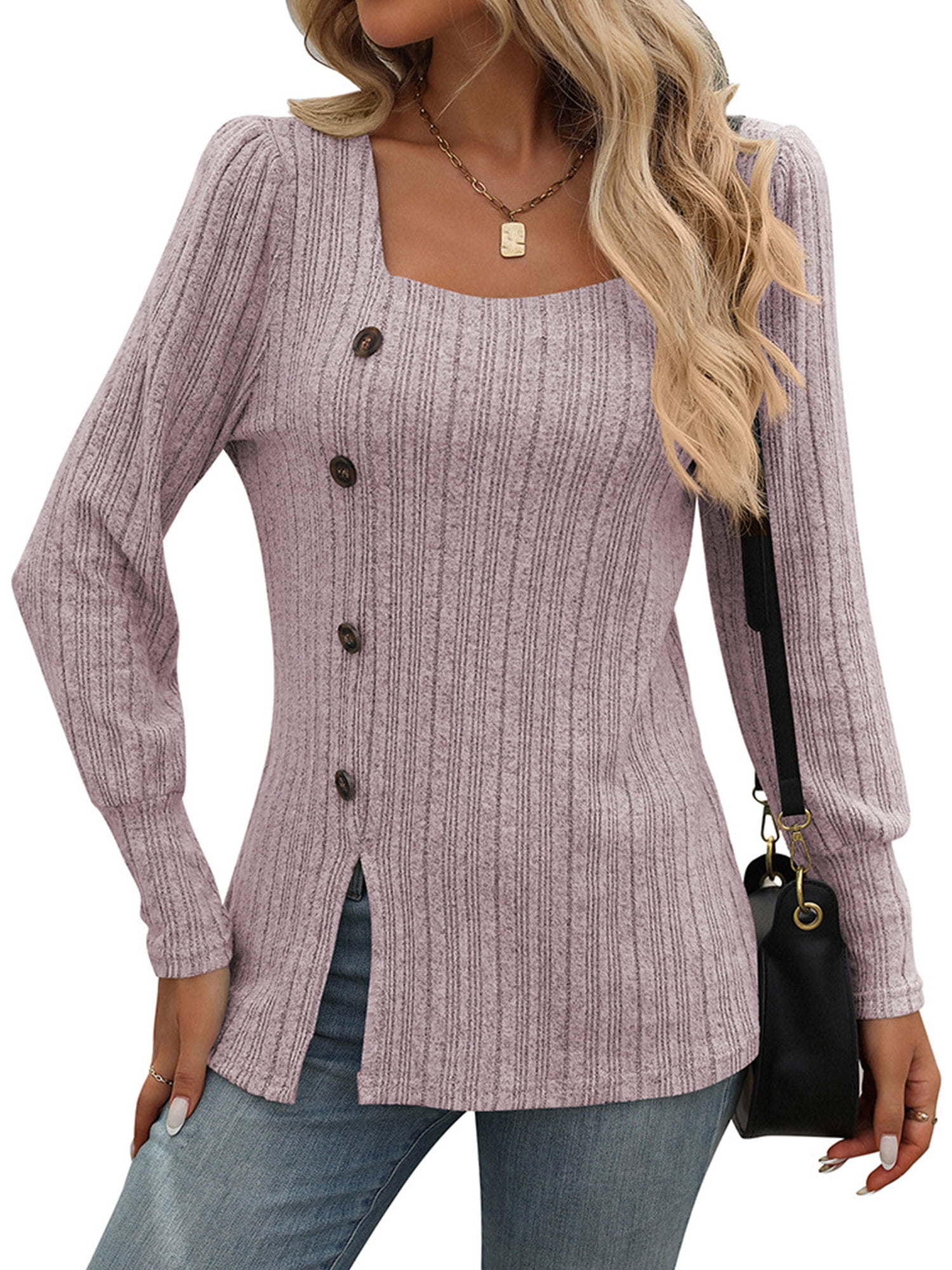 SHIBEVER Long Sleeve Shirts for Women Sweaters Square Neck Lightweight ...