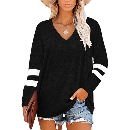 TEMOFON Womens Tops Dressy Casual Long Sleeve Shirts for Women Color Block V Neck Shirts Tunic Tops Loose Blouses Black T shirts Sweatshirts Pullover Plus Size XXL