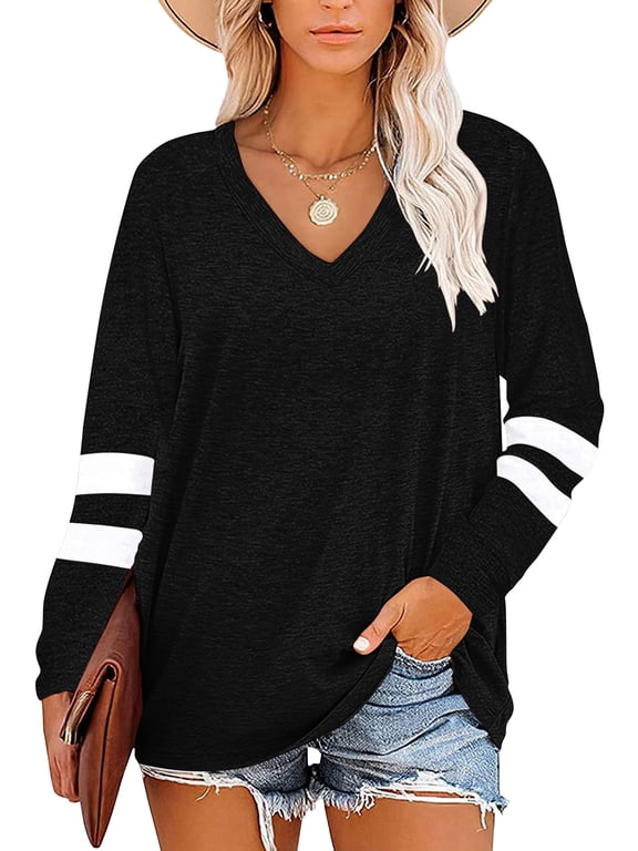 Womens Tops Dressy Casual Long Sleeve Shirts for Women Color Block V Neck Shirts Tunic Tops Loose Blouses Black T shirts Sweatshirts Pullover Plus Size XXL