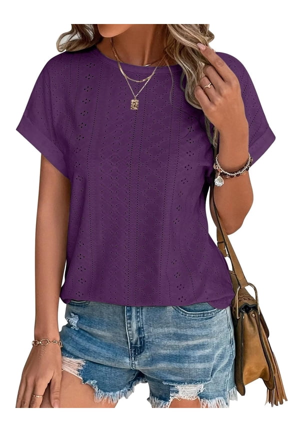 Womens Tops Eyelet Embroidery Summer Curved Hem Casual Short Sleeve Trendy T Shirts for Womens Clothes Beach Vacation Crew Neck Shirts Blouses
