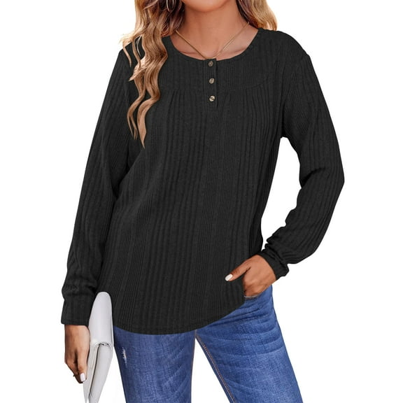 TEMOFON Womens Tops Fall Casual Button Crew Neck Henley Shirts Long Sleeve Tunic Tops Womens Soft Lightweight Sweaters L