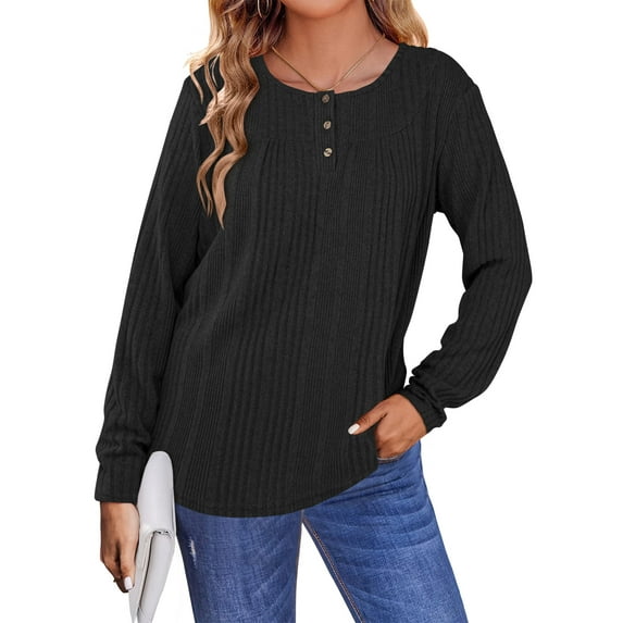 TEMOFON Womens Tops Fall Casual Button Crew Neck Henley Shirts Long Sleeve Tunic Tops Womens Soft Lightweight Sweaters M