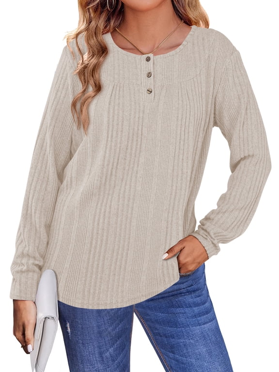 Womens Tops Fall Long Sleeve Button Henley Shirts Soft Lightweight Sweaters Casual Loose Crew Neck Tunic Tops L