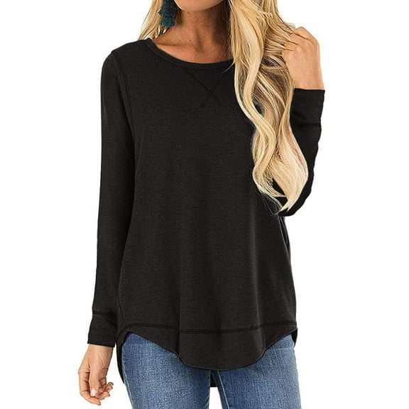 TEMOFON Womens Tops Long Sleeve Crew Neck Tunic Top Casual Loose Fit Soft Blouse T-Shirts Black Tee
