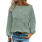 TEMOFON Womens Tops Long Sleeve Crewneck Waffle Knit Shirts Business Casual Blouses Basic Shirts for Womens Clothes Sweatshirts with Pocket Pullover Fall Tops