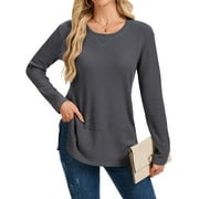 TEMOFON Womens Tops Long Sleeve Waffle Knit Side Slit Shirts for Women Crew Neck Casual Loose Fit Pullover Tunic Tops L