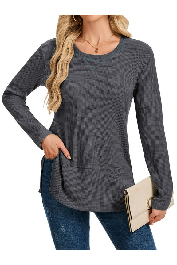 Womens Tops Long Sleeve Waffle Knit Side Slit Shirts for Women Crew Neck Casual Loose Fit Pullover Tunic Tops S