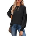 thumbnail image 1 of TEMOFON Womens Tops Long Sleeve blouse sweatershirts Crew Neck Ruffle Lantern Sleeve 2024 fall Casual Loose Smocked Cuffs clothes black, 1 of 5
