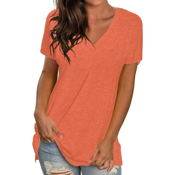 TEMOFON Womens Tops Summer Casual V Neck Short Sleeve Shirt for Woman Summer Fashion T-Shirts Loose Tunic Tops Dressy Tee