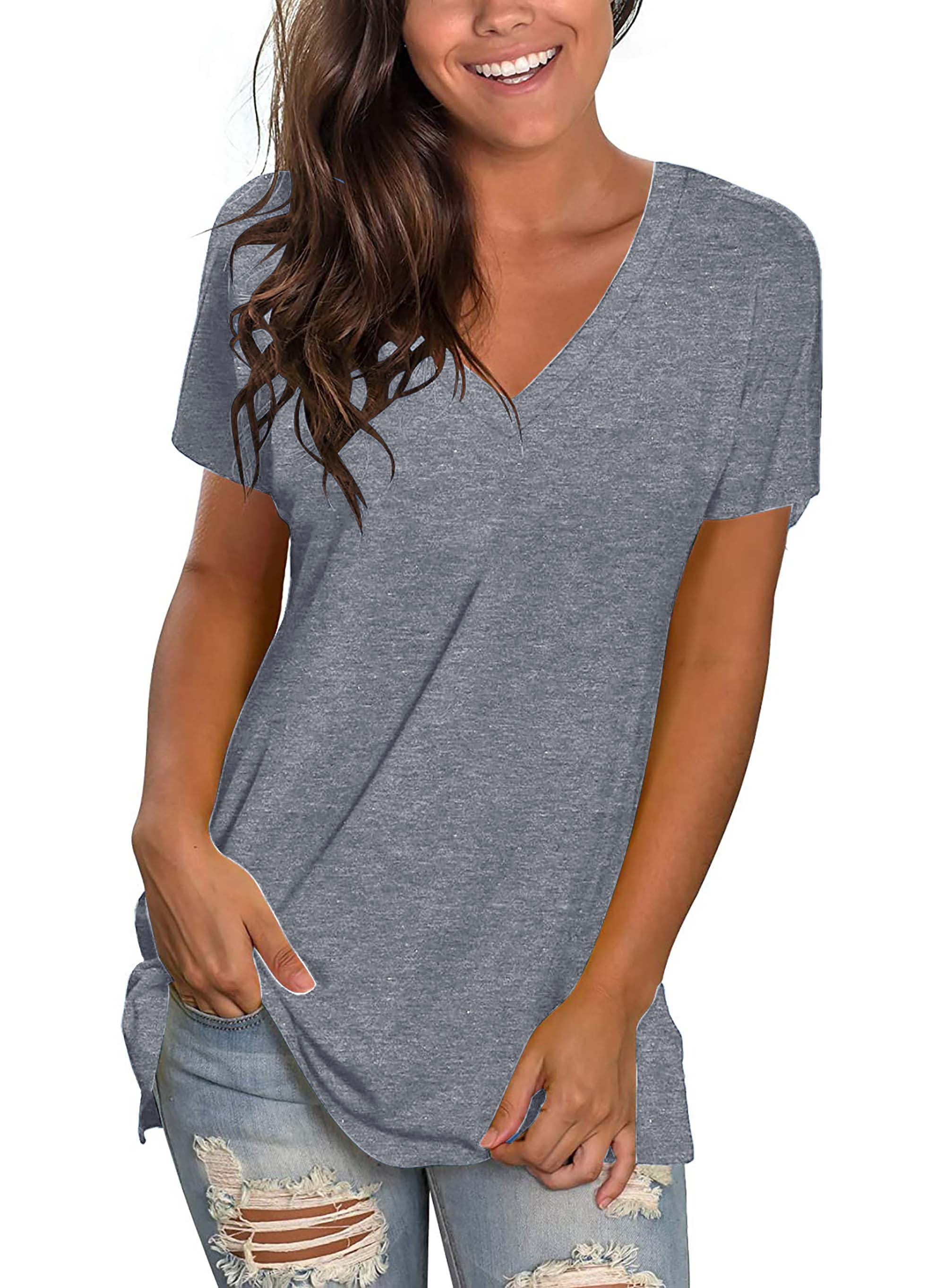 TEMOFON Womens Tops Summer Casual V Neck Short Sleeve Shirt for Woman ...