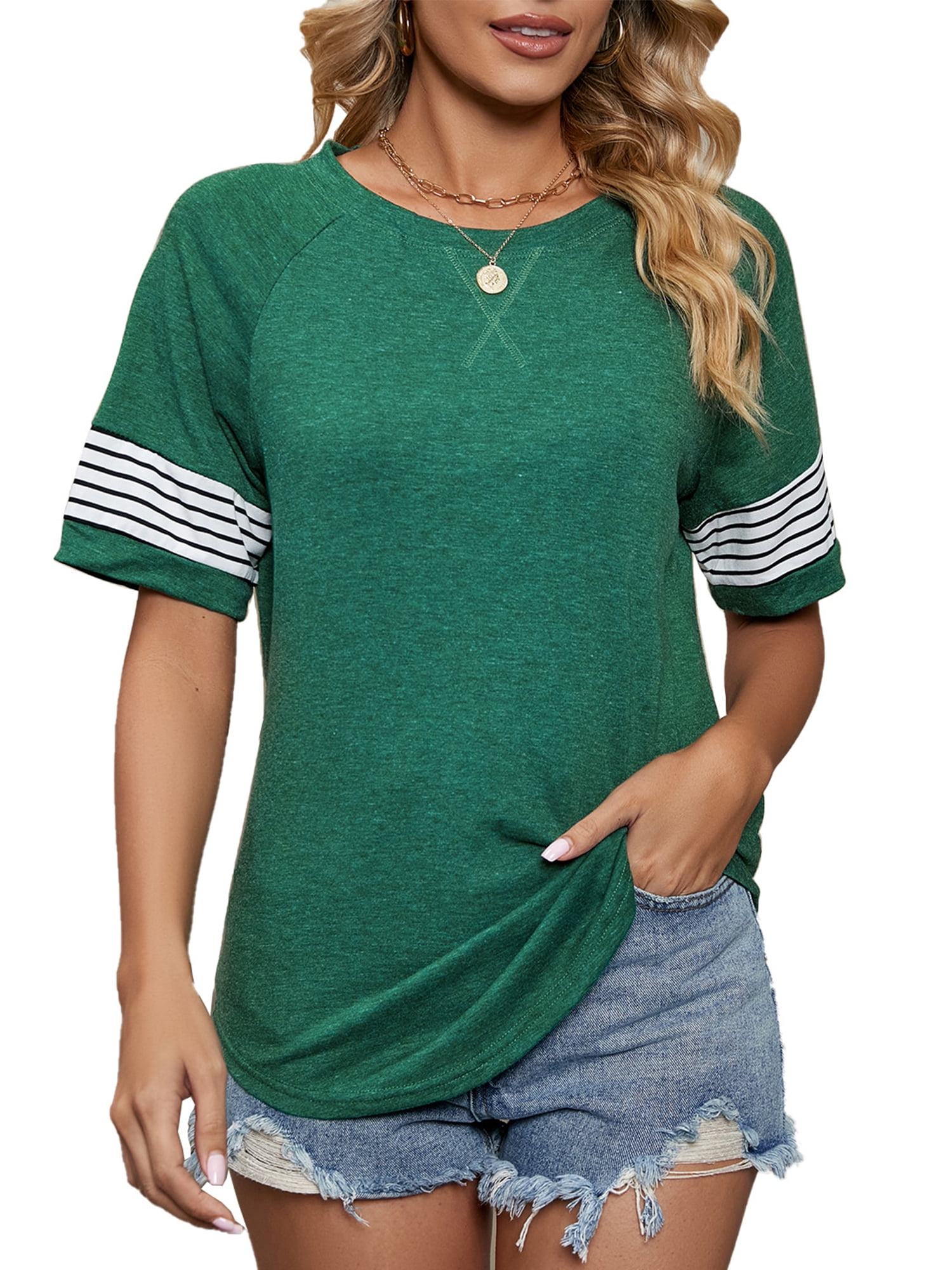 TEMOFON Womens Tops Summer Crewneck Tshirts Striped Short Sleeve Blouse ...