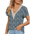 thumbnail image 1 of TEMOFON Womens Tops Summer Floral Printed T-Shirts Casual Lace V Neck Tops Cute Short Petal Sleeve Blouses Bohemian Ladies Tunic Tops Blue Floral, 1 of 4