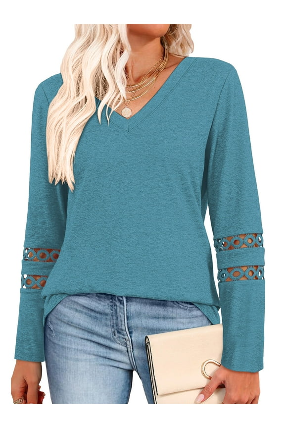 Womens Tops V Neck Lace Long Sleeve Shirts Tunic Business Casual Dressy Blouses for Womens Clothes Sweatshirts Pullover Fall T Shirts