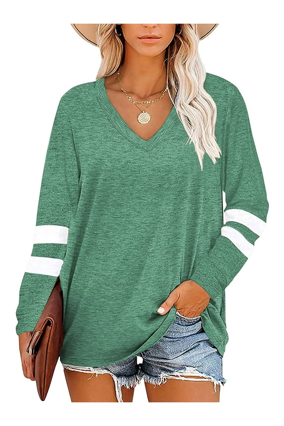 Womens Tunic Tops Color Block V Neck Shirts Casual Long Sleeve T Shirt Soft Sweatshirts for Women Fall Tops Pullover Lightweight Loose Blouses Green Tees Size M