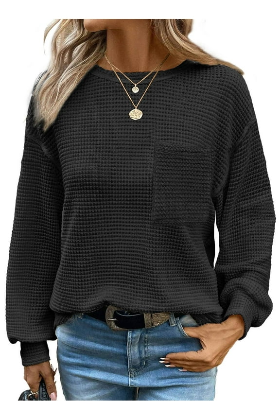 Womens Waffle Knit Tops Crew Neck Long Sleeve Shirts Casual Trendy Womens Clothes Blouses Basic Tee Sweatshirts Pullover with Pocket Fall Business Tops