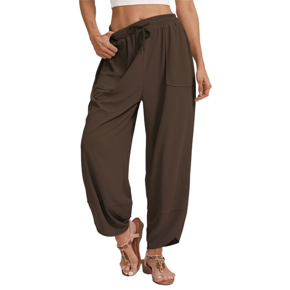TEMOFON Womens Wide Leg Palazzo Pants Casual Loose Drawstring Elastic Waisted Lounge Work Trousers Womens Clothes Waffle Knit Harem Pants