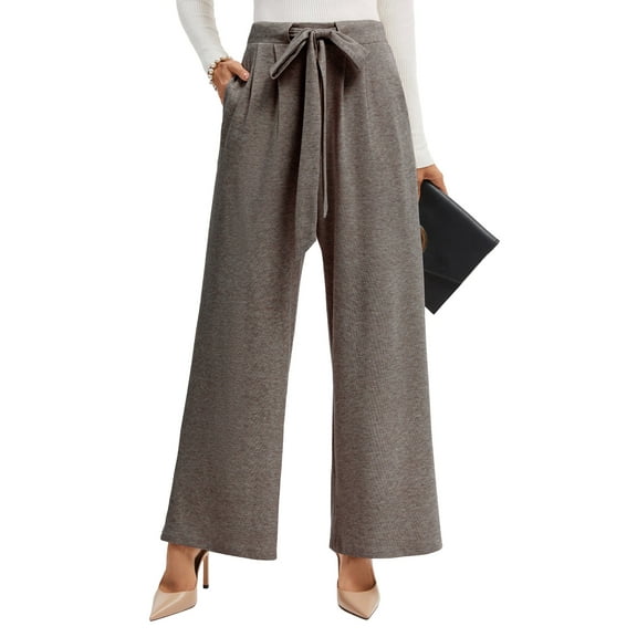 TEMOFON Womens Wide Leg Palazzo Pants with Pockets High Waist Flowy Loose Trousers Adjustable Knot Casual Lounge Pants
