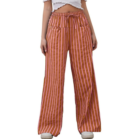 TEMOFON Womens Wide Leg Pants Casual Palazzo High Waist Striped Pants Loose Oversize Drawstring Lounge Pants with Pockets