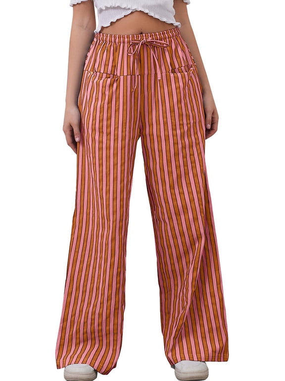Womens Wide Leg Pants Casual Palazzo High Waist Striped Pants Loose Oversize Drawstring Lounge Pants with Pockets
