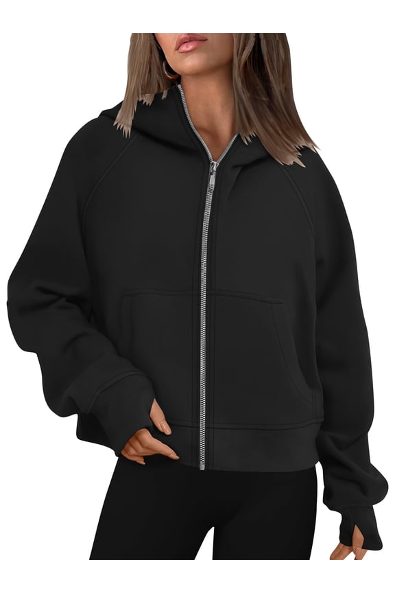 Womens Sweatshirts Zip Up Cropped Long Sleeve Stand Collar Fleece Hoodie with Pockets Fall Casual Sports Tops 2XL