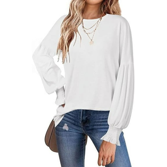 TEMOFON Womens blouse Long Sleeve shirts fall tops Crew Neck Ruffle Lantern Sleeve 2024 fall Casual Loose Smocked Cuffs Blouse T Shirts white
