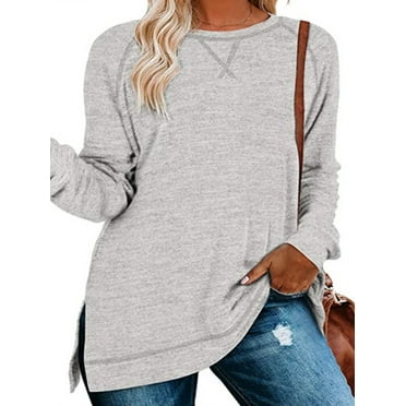 TEMOFON Womens plus size tops long sleeve tunic Side Split Pullover crew neck shirts fashion 2024 fall Oversized Flowy Blouse Casual clothes