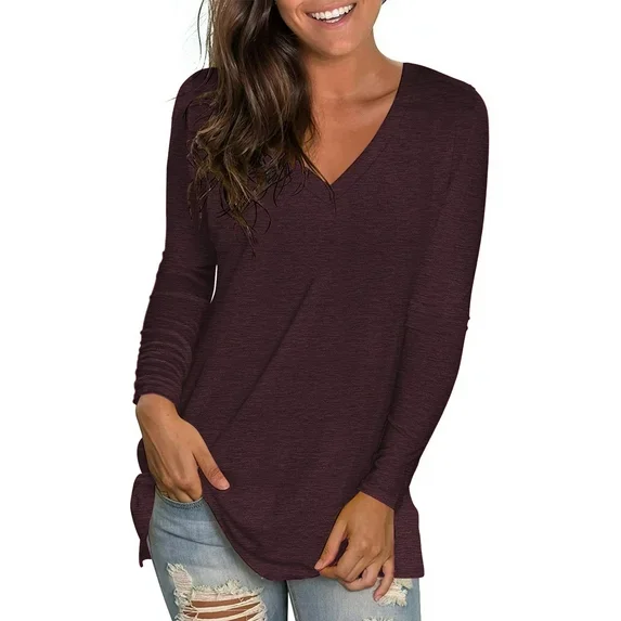 TEMOFON Womens tunic top Long Sleeve fall v neck Shirt Going Out Plain Color Basic Top Fashion Tunics Tee Blouse clothes
