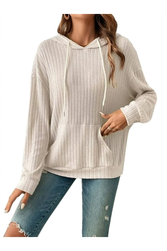 Women Hoodies Sweatshirt Long Sleeve Drawstring Casual Loose Pullover Tops Sport Athletic Sweatshirts with Pockets Almond XXL